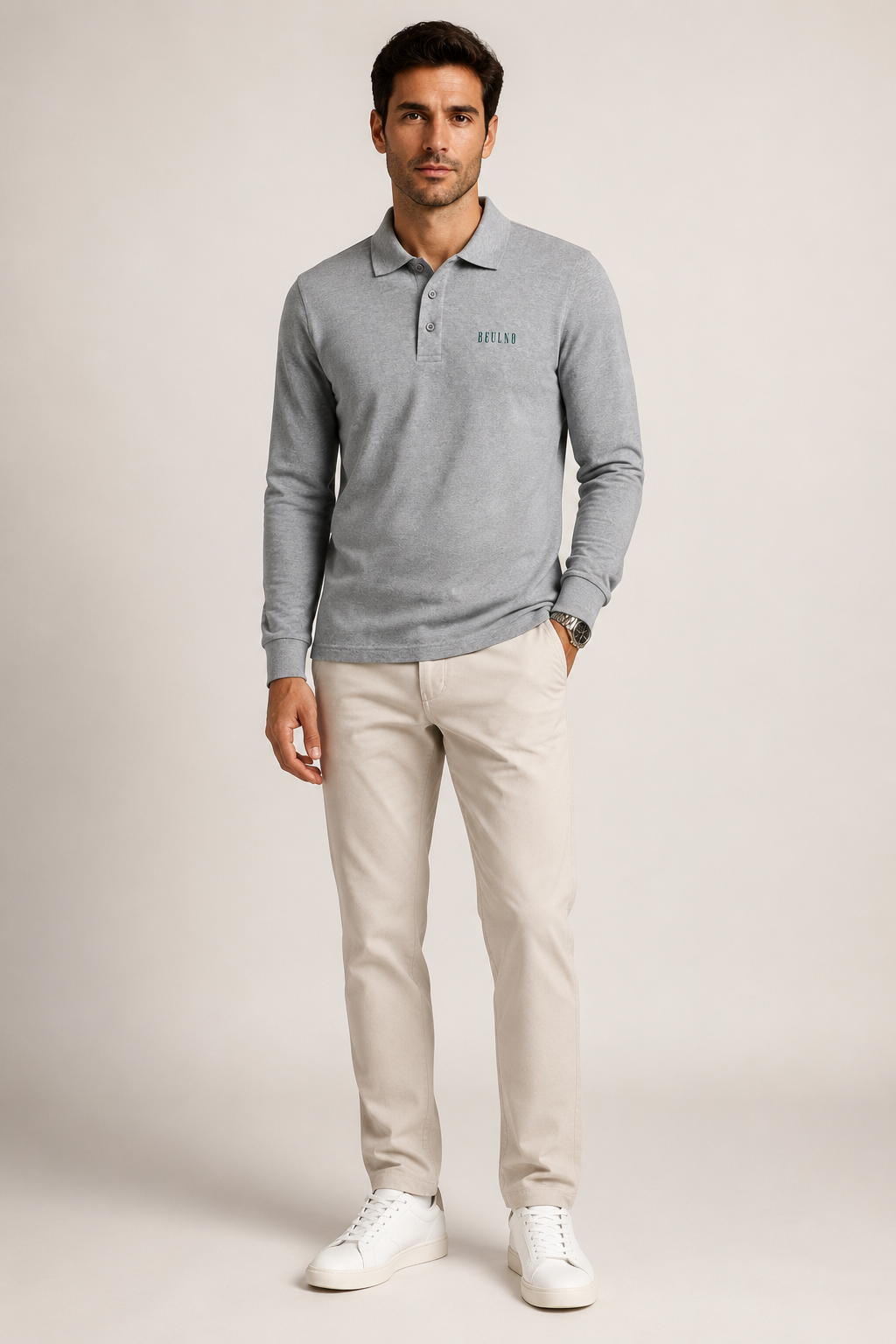 Long Sleeve Polo Crest cinzento — modelo de frente