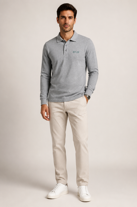 Long Sleeve Polo Crest cinzento — modelo de frente