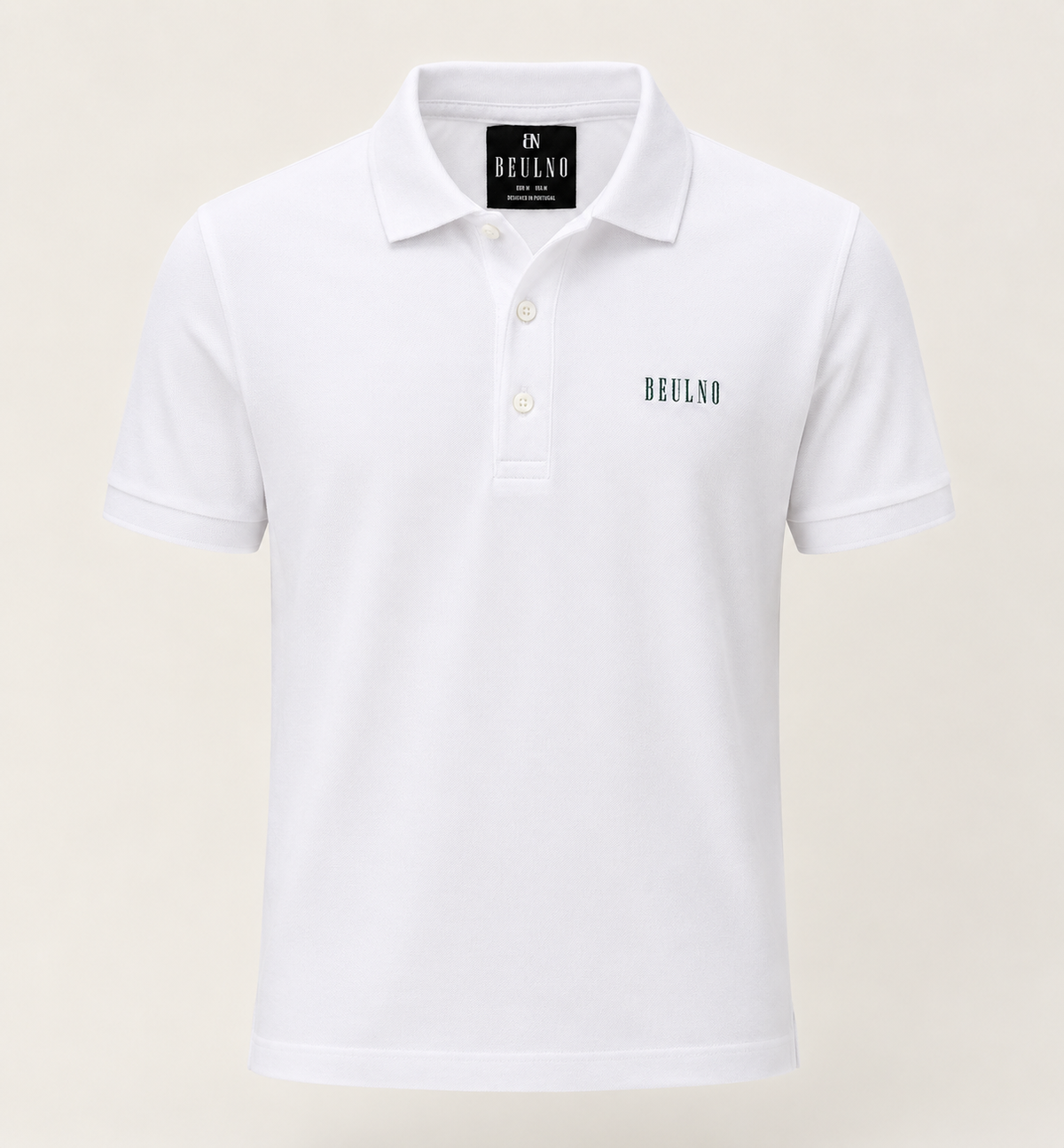 Polo Structured Crest branco — vista frontal sem modelo