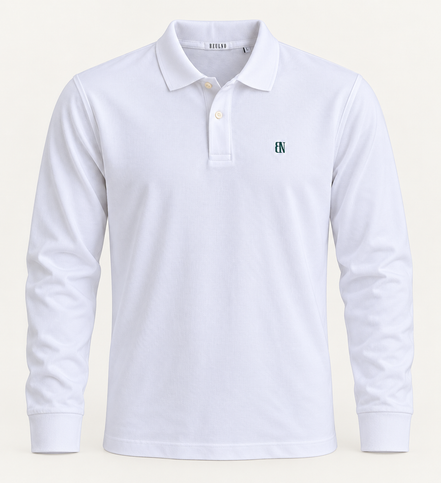 Essential Long Sleeve Polo — Signature em Branco — produto de frente