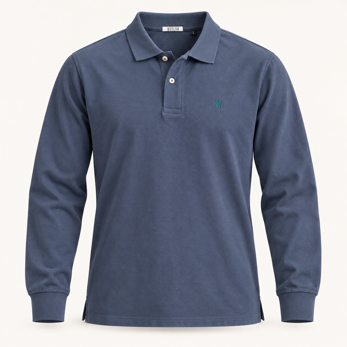 Essential Long Sleeve Polo — Signature em Denim — produto de frente